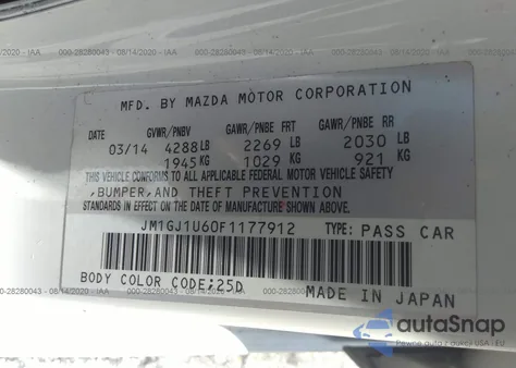 2015 Mazda Mazda6 I Sport из США, поврежденный, VIN JM1GJ1U60F1177912